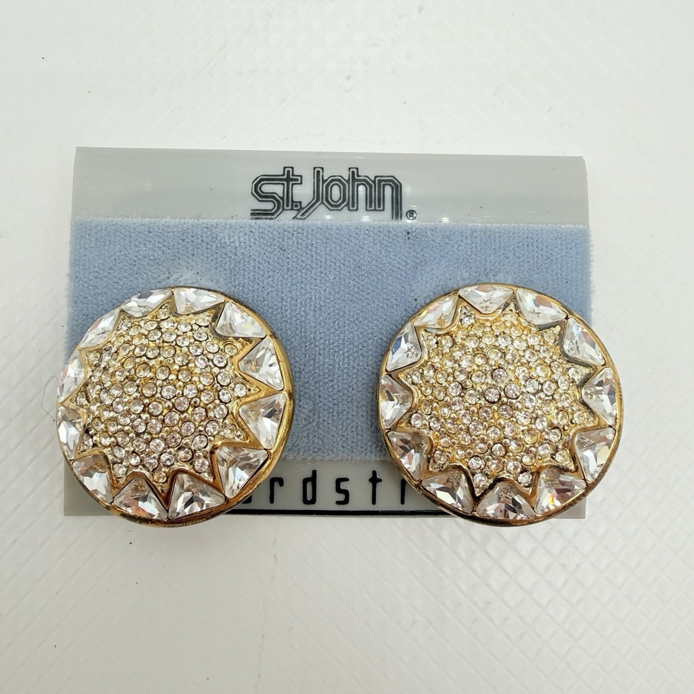 Vintage St. John Gold Tone & Clear Rhinestone Dome Button Clip Earrings READ - Picture 1 of 16